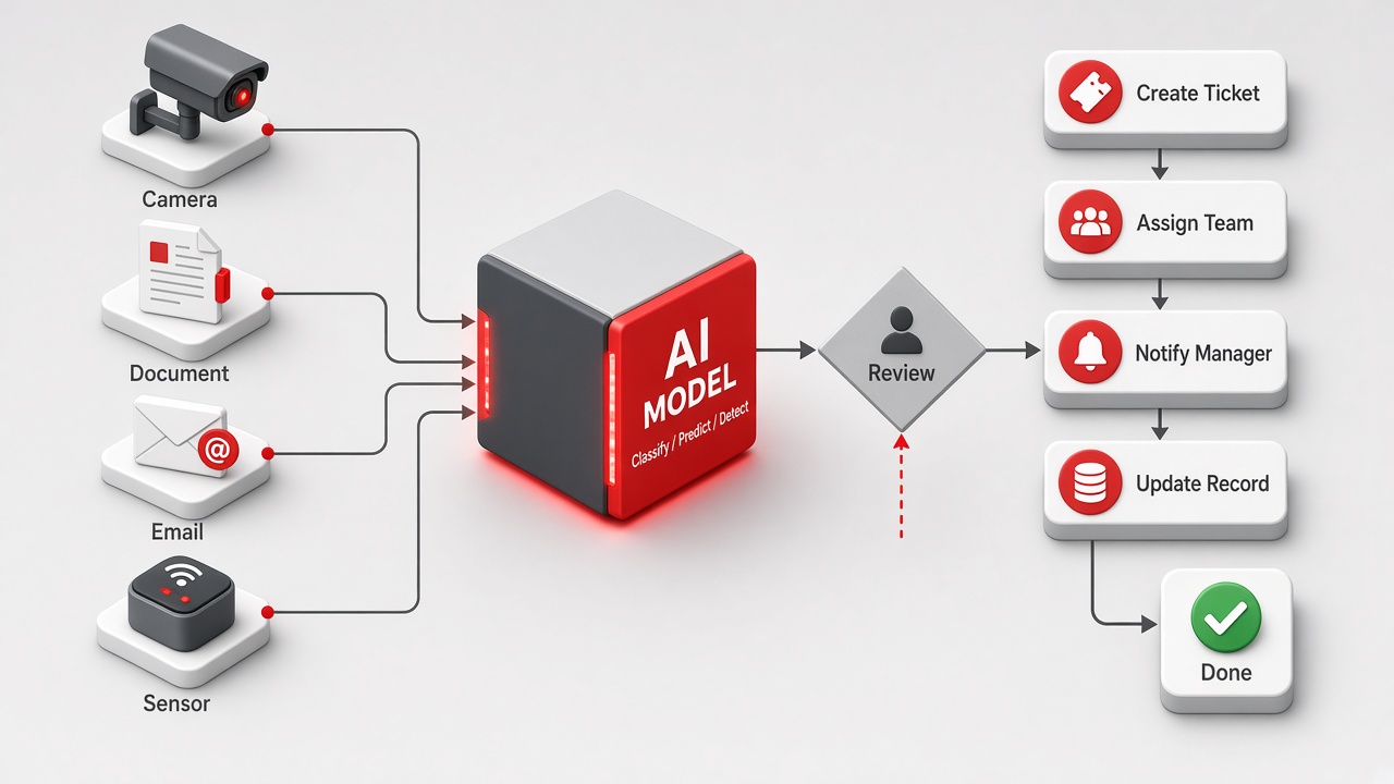 Isometric illustration of a camera, document, email and sensor feeding an AI model that classifies, predicts and detects, passing through a human review step to automated actions: create ticket, assign team, notify manager, update record, done