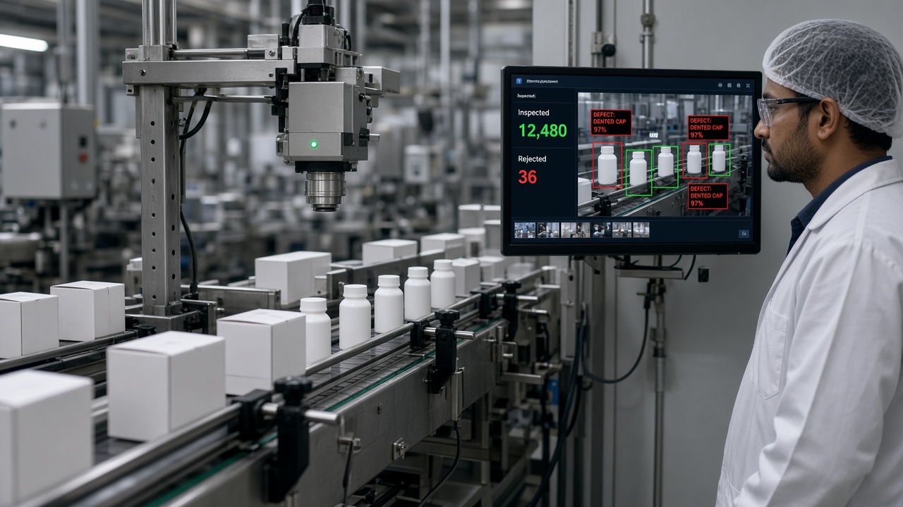 Packaging line with an overhead inspection camera and a monitor showing computer vision detections of dented bottle caps, with inspected and rejected counters, watched by a quality technician
