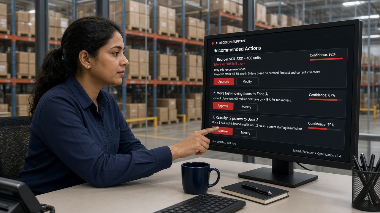 Warehouse manager reviewing AI recommended actions such as reordering stock, moving fast-moving items and reassigning pickers, each with a confidence score, an explanation and approve or modify buttons