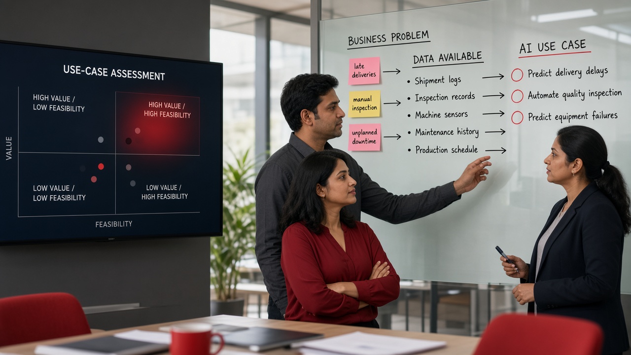 Business team at a whiteboard mapping business problems such as late deliveries, manual inspection and unplanned downtime to available data and AI use cases, beside a value versus feasibility assessment screen