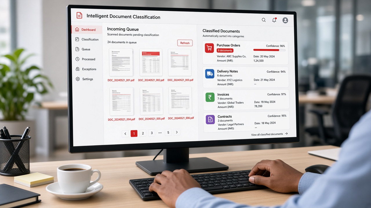 Document classification application sorting an incoming queue of scanned documents into purchase orders, delivery notes, invoices and contracts with confidence scores and extracted vendor, date and amount fields