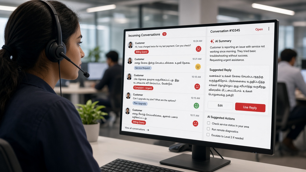 Support agent with a headset viewing customer messages in English and Tamil automatically tagged by intent and sentiment, with an AI summary, a suggested reply and suggested actions