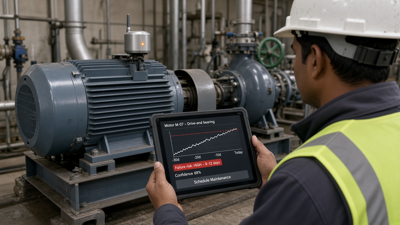 Over-the-shoulder view of a maintenance engineer in a pump house holding a tablet in front of an industrial motor fitted with a wireless vibration sensor, the screen showing a 30-day vibration trend rising toward the failure threshold, a high failure risk in 9 to 12 days, 88% confidence and a schedule maintenance button