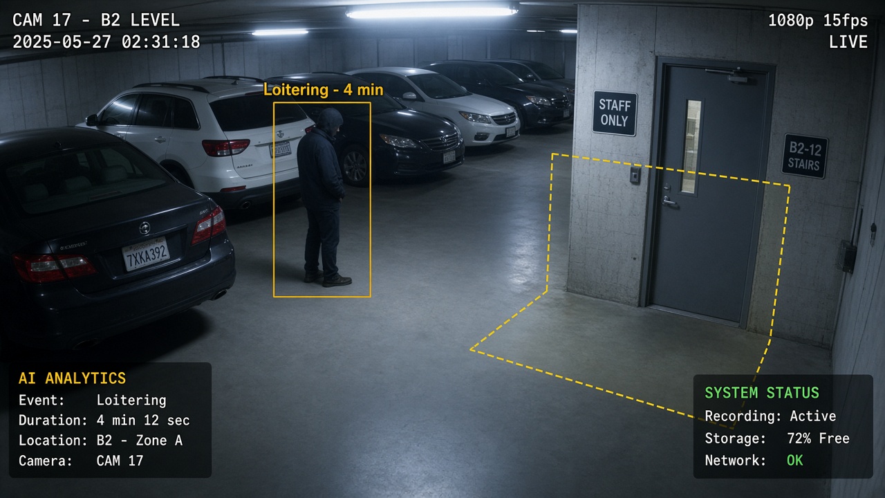 Office basement car park at night with a person flagged for loitering for four minutes and a virtual boundary drawn near a staff-only door