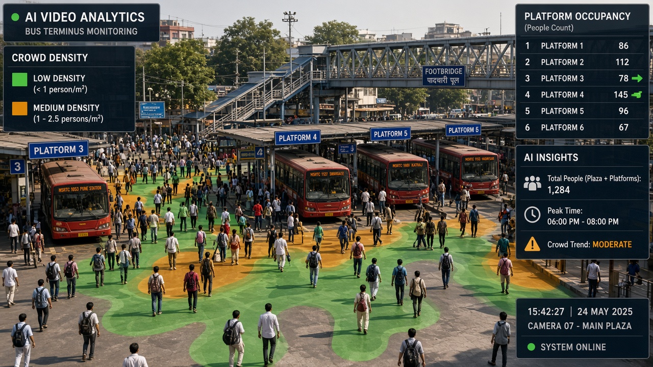 Busy city bus terminus with crowd density zones shaded green and amber, platform people counts and buses labelled by AI