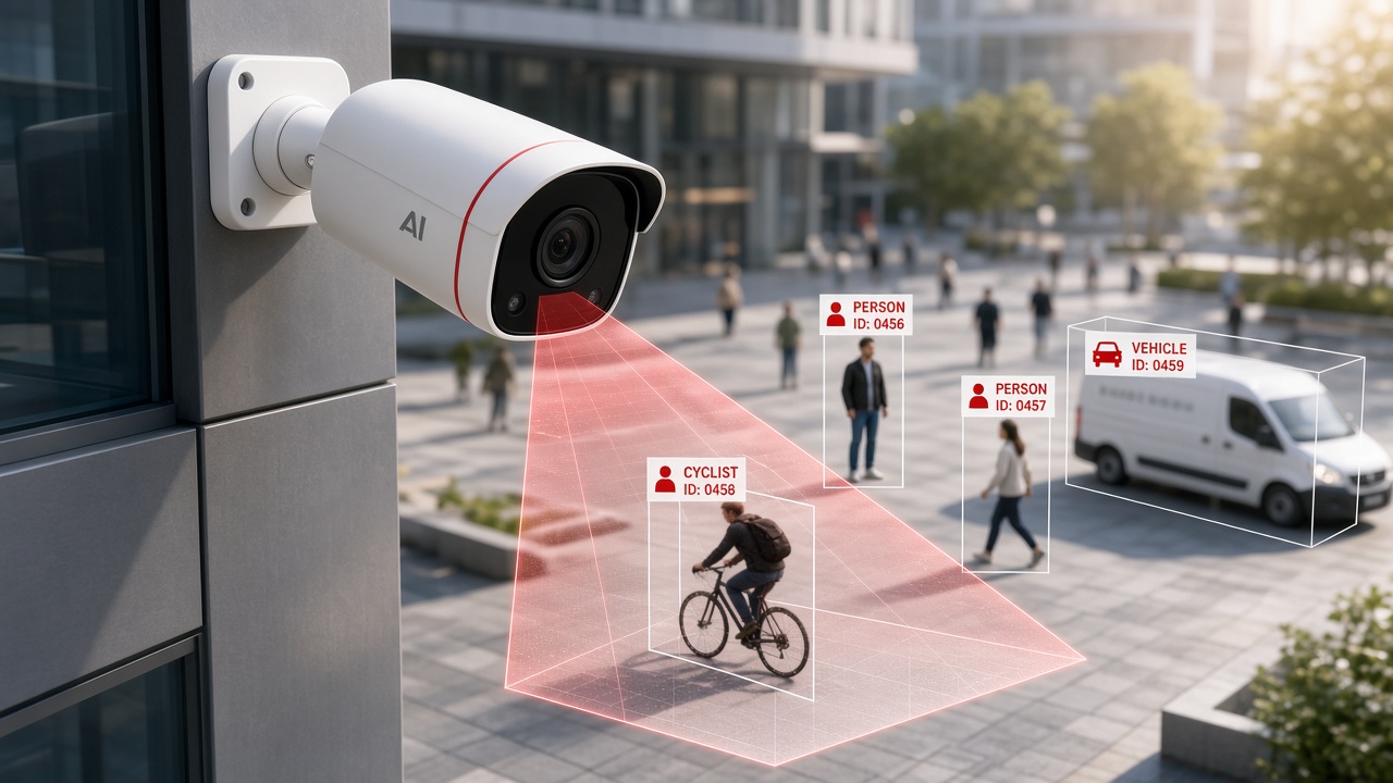 AI bullet camera on a building corner projecting a vision cone onto a plaza where a person, a cyclist and a van are outlined with labelled detection boxes