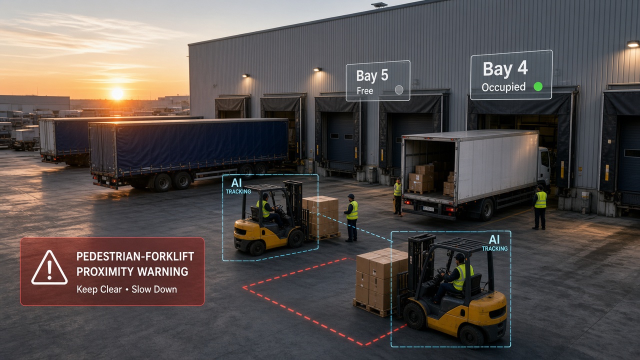 Distribution centre loading dock at dawn with trucks in bays, forklifts tracked by AI, bay occupancy tags and a pedestrian-forklift proximity warning