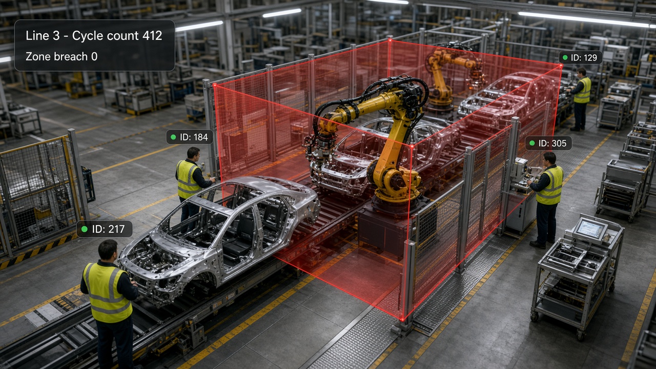 Automotive assembly line with a red restricted safety zone around robotic arms, workers tracked with IDs and a line status panel