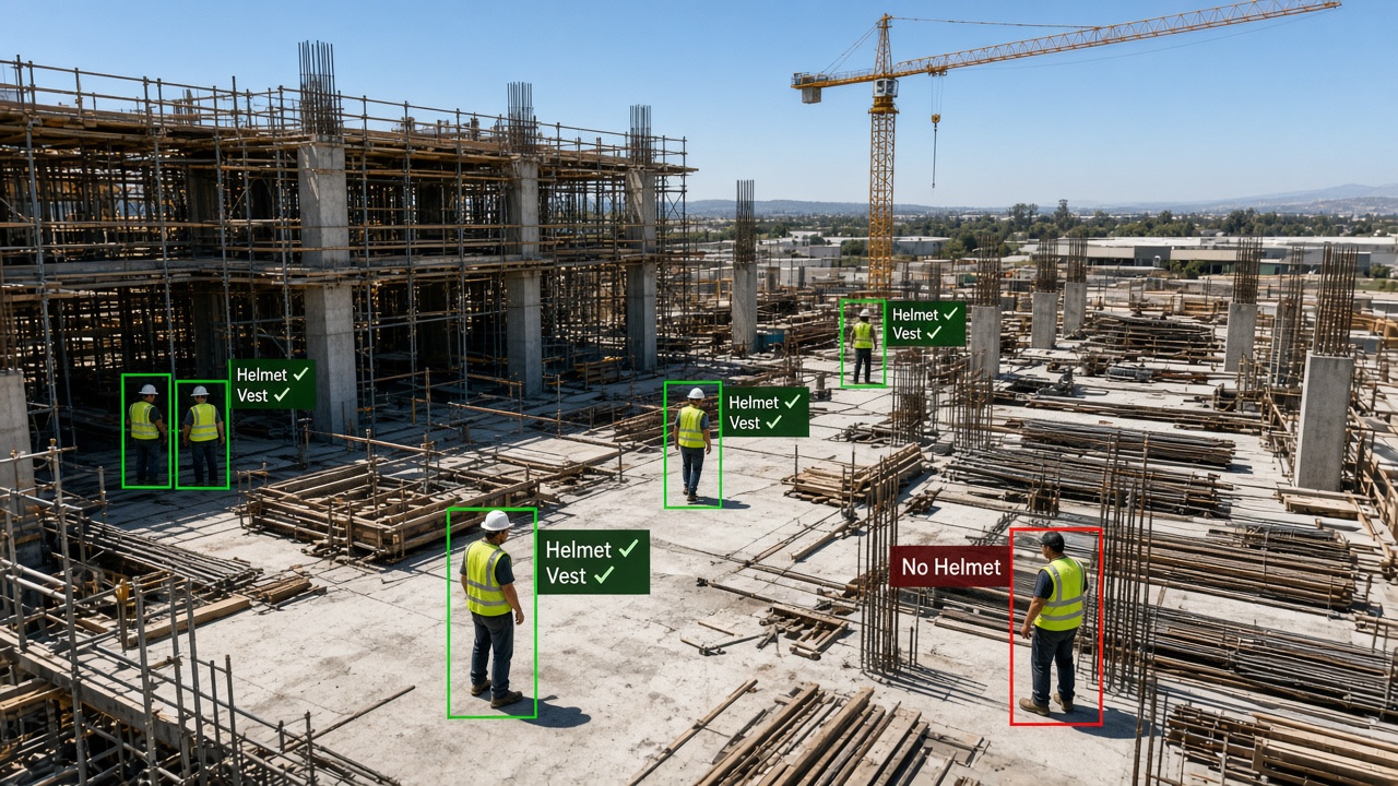 Construction site with AI PPE monitoring marking compliant workers with helmet and vest checks and one worker flagged for no helmet