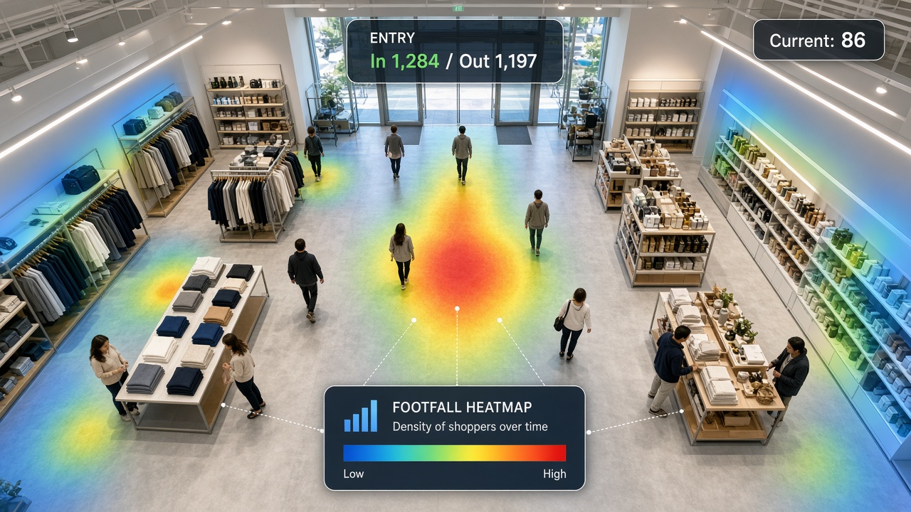 Retail store from a ceiling camera with a footfall heatmap on the floor, an entry counter and a live occupancy badge