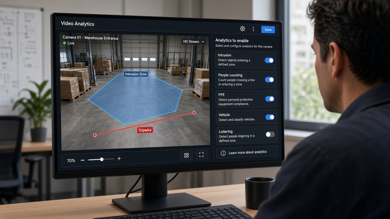 Engineer configuring video analytics on a warehouse entrance camera with a drawn intrusion zone, a tripwire and toggles for intrusion, people counting, PPE, vehicle and loitering