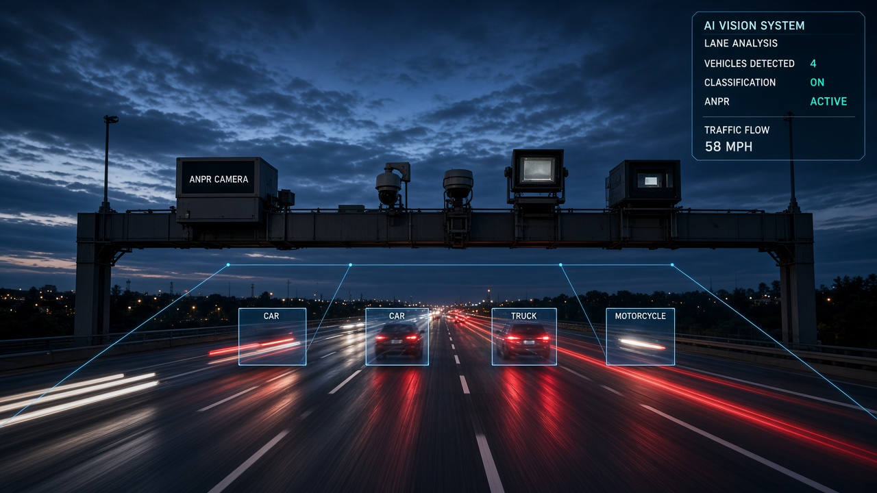 Highway gantry at dusk fitted with ANPR and traffic cameras, with AI lane analysis and vehicle classification boxes over passing traffic