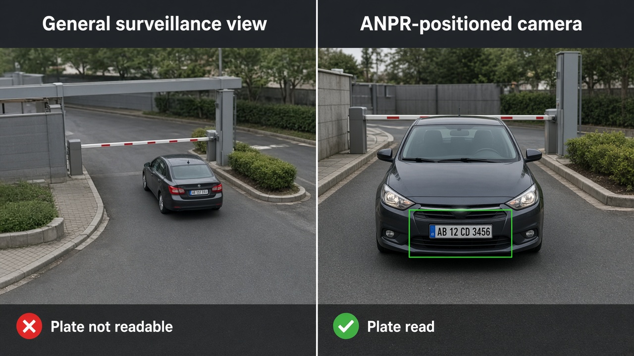 Side-by-side views of the same parking barrier: a high, wide general surveillance camera where the number plate is too small to read, and a lower ANPR-positioned camera where the plate is large and read successfully