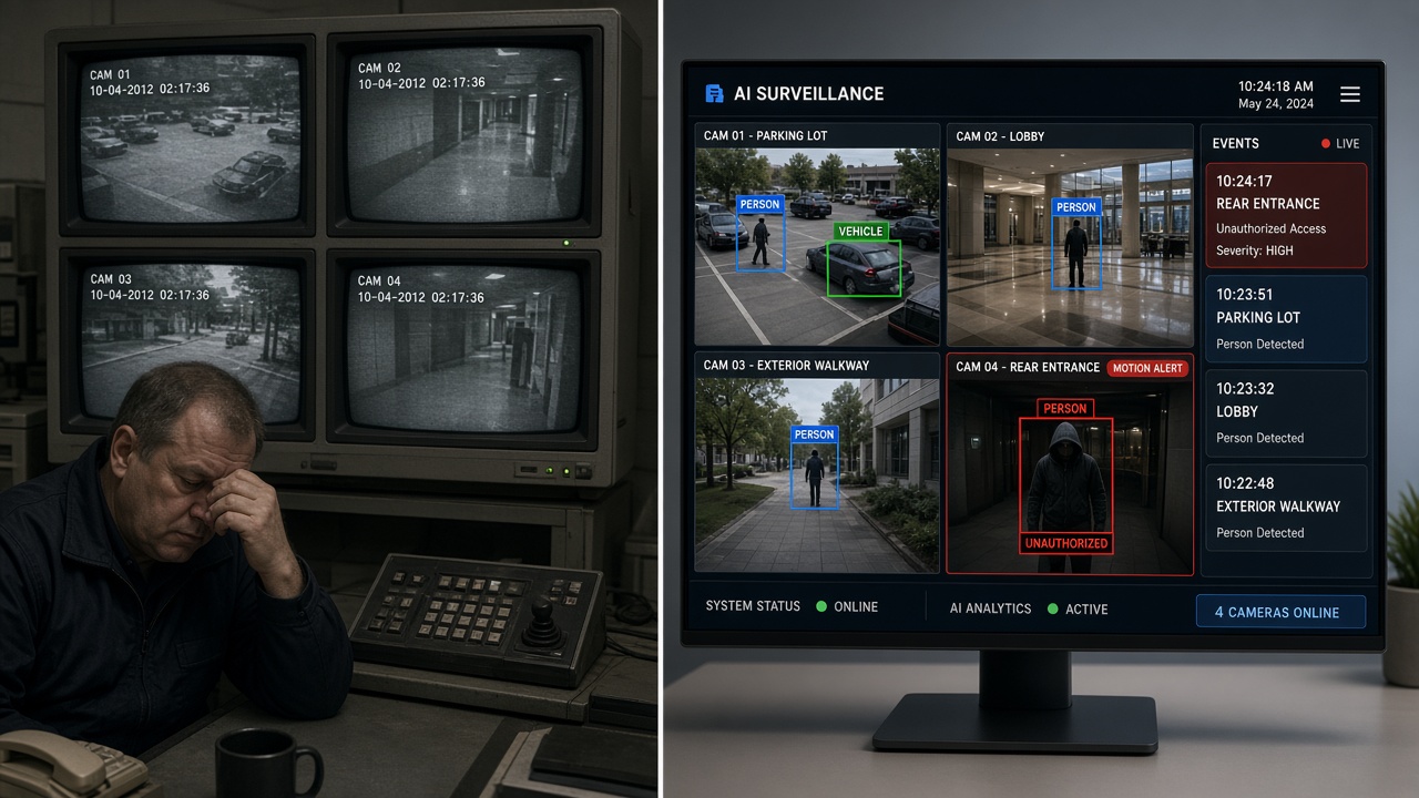 Split view of a tired guard in front of grainy CCTV monitors beside a modern AI surveillance screen with labelled detections and a live event list