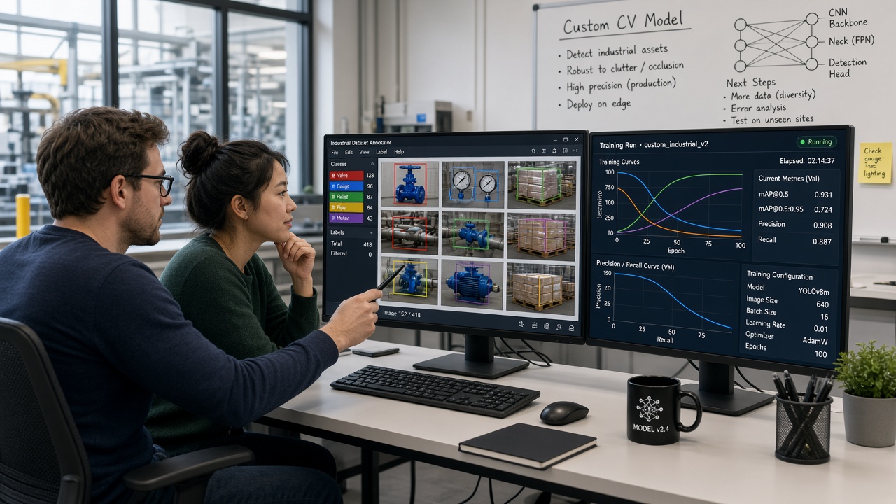 Two AI engineers annotating industrial images of valves, gauges and pallets while a second screen shows model training curves and precision-recall metrics