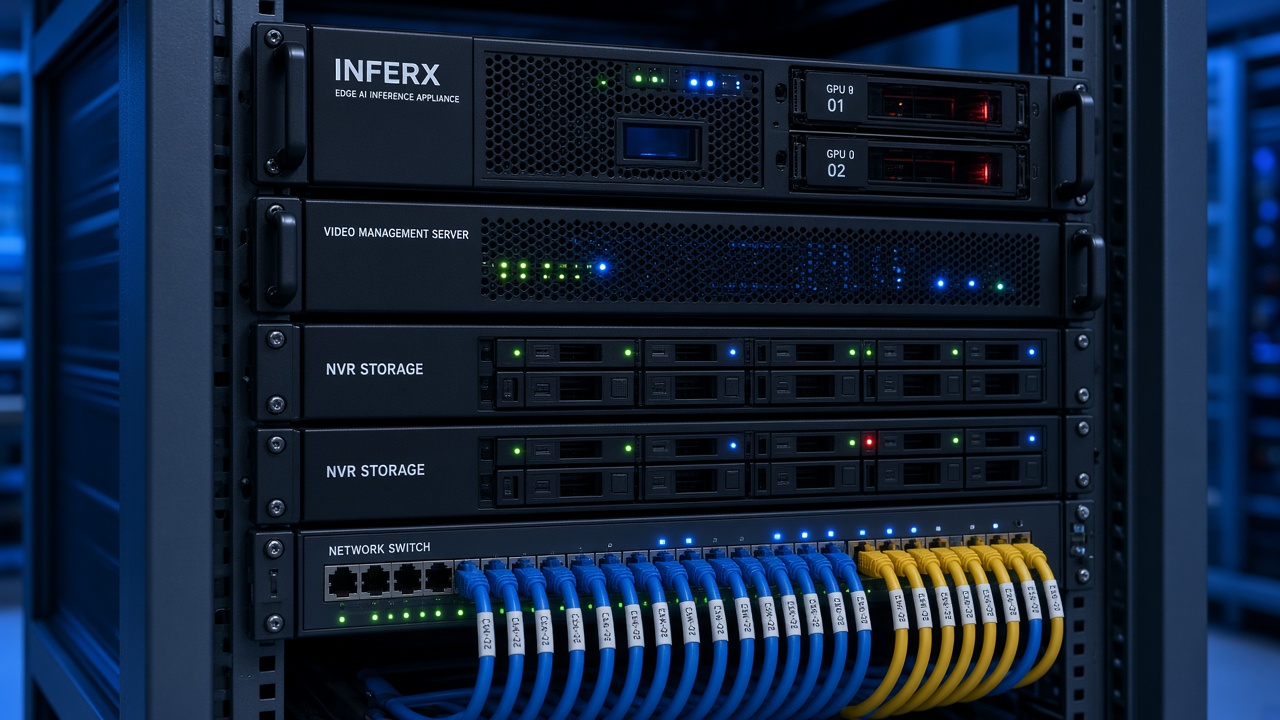 Server rack with an edge AI inference appliance, video management server, NVR storage and a network switch patched to IP cameras