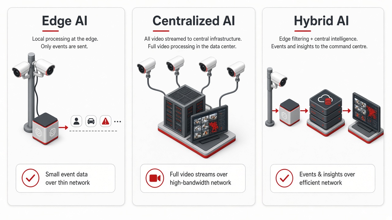 Illustration of three approaches: edge AI with processing beside the cameras and only events sent, centralized AI with full video streamed to a data centre, and hybrid AI from camera to edge box to central platform to command centre