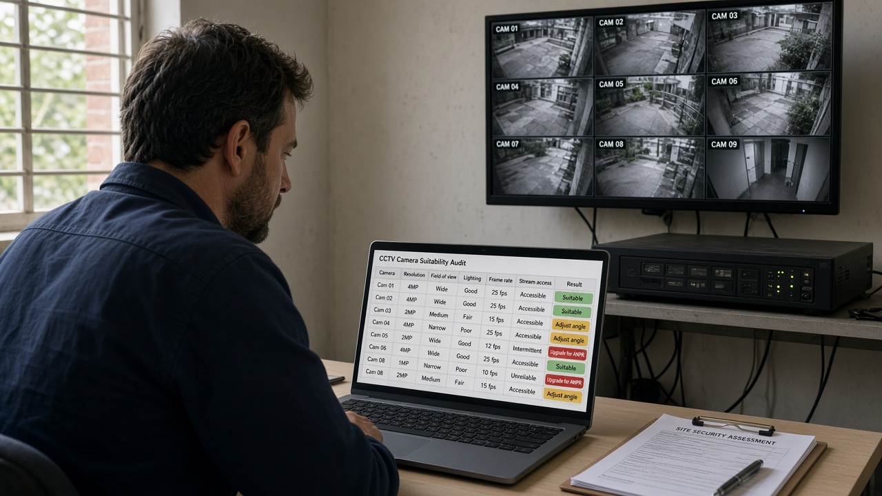 Engineer in a security room reviewing a CCTV camera suitability audit on a laptop, with each camera rated for resolution, field of view, lighting, frame rate and stream access and marked suitable, adjust angle or upgrade for ANPR, beside an older recorder and a camera grid monitor