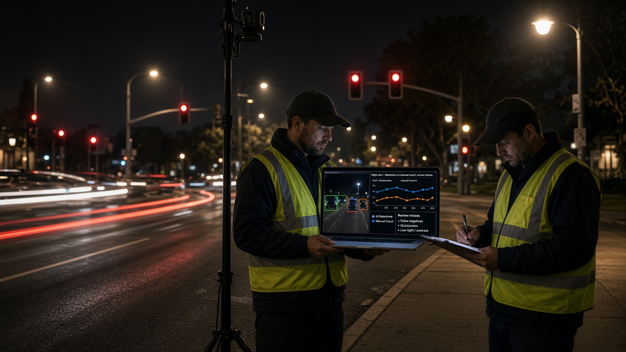 Two engineers in hi-vis vests at a city junction at night validating AI detections on a laptop against a manual count, with traffic light trails behind them