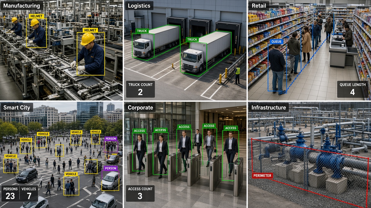 Collage of six camera views with AI overlays: helmet detection on a manufacturing line, truck counting at logistics docks, a retail queue counter, people and vehicles in a city square, access counting at corporate turnstiles and a perimeter line at an infrastructure valve yard