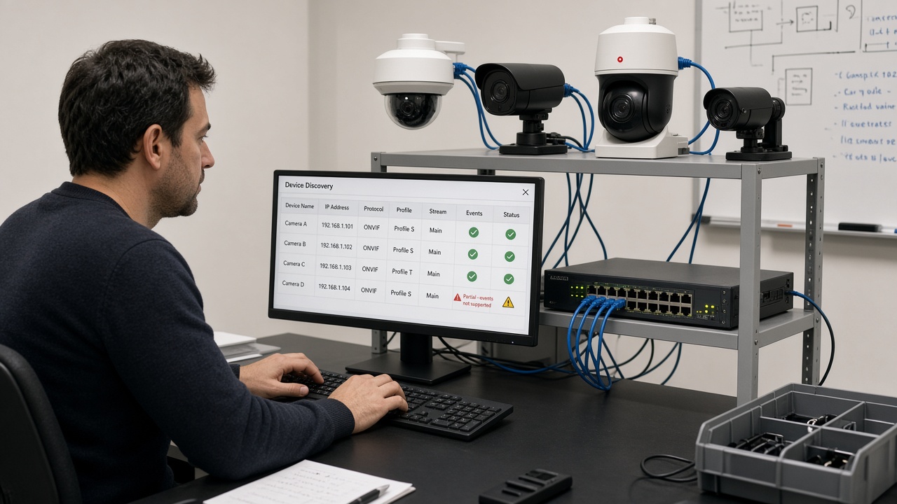 Engineer at an integration test bench with dome, bullet and PTZ cameras connected to a switch, reviewing a device discovery table of protocol, profile, stream and event support with one camera marked partial because events are not supported