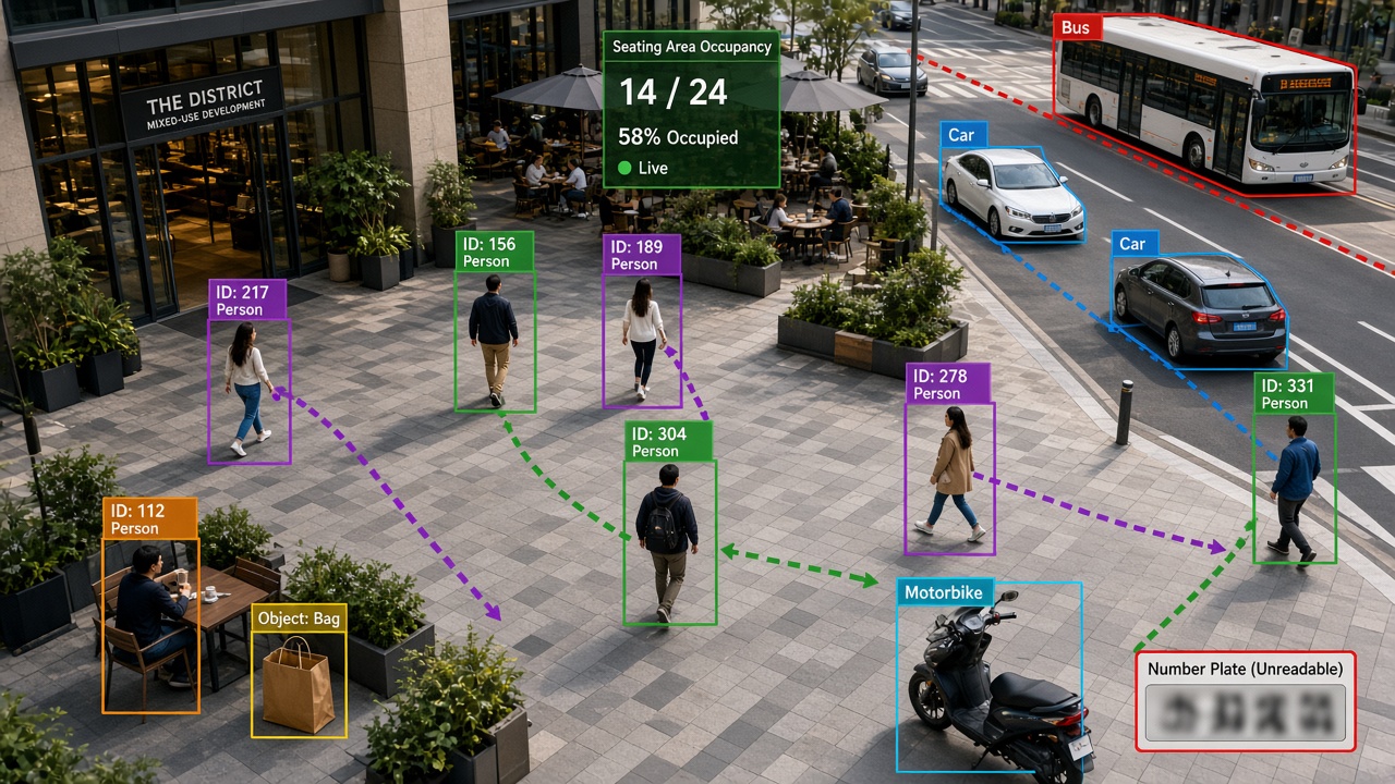 Elevated street and forecourt view with AI labels on people, cars, a bus, a motorbike, a bag, an unreadable number plate and a seating occupancy counter