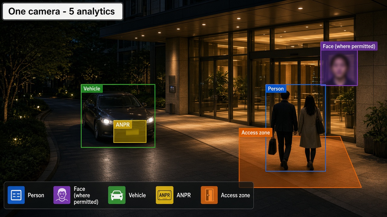 Night camera view of a hotel entrance with five analytics on one frame: a person box, a blurred face labelled where permitted, a vehicle box, a blurred number plate labelled ANPR and an orange access zone, with a legend reading one camera, five analytics