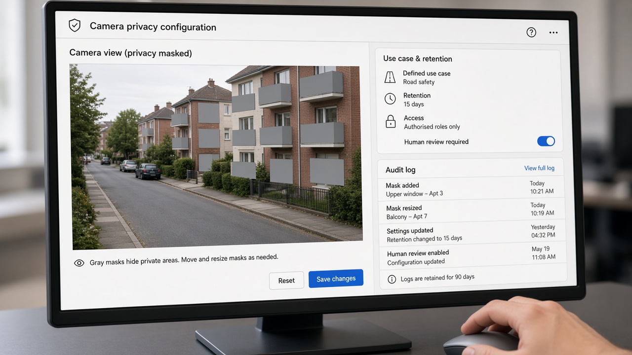 Camera privacy configuration screen with grey masks over the windows and balconies of apartments on a street view, a defined road safety use case, 15-day retention, authorised roles only, human review required and an audit log
