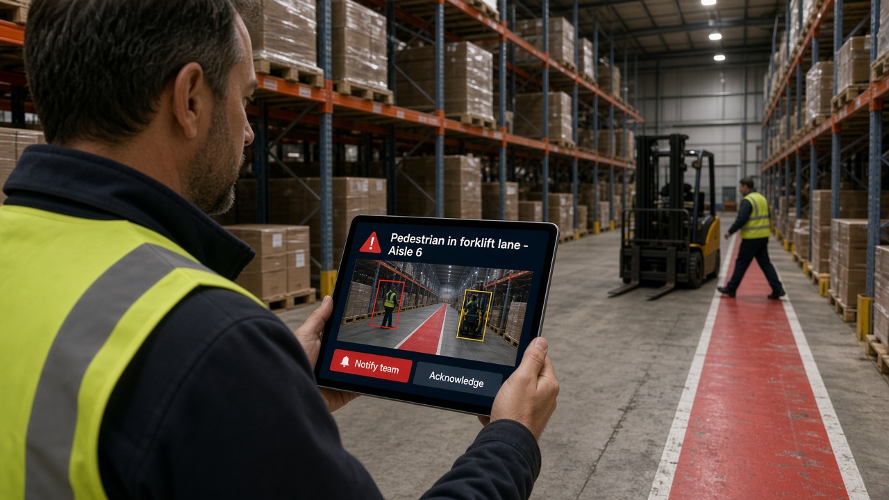 Warehouse supervisor holding a tablet with an AI safety alert for a pedestrian in the forklift lane in aisle 6, with notify team and acknowledge buttons, while the forklift waits and the worker steps back into the walkway