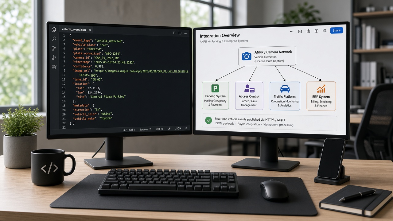 Developer workstation showing a JSON vehicle event payload on one monitor and an integration diagram connecting ANPR to parking, access control, traffic and ERP systems on the other