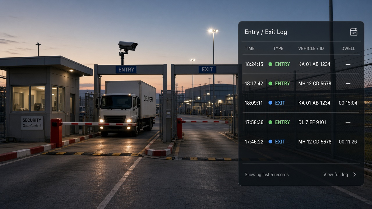 Industrial facility gate at dusk with entry and exit lanes, boom barriers, an ANPR camera, a guard cabin and a delivery truck, with an entry and exit log showing times and dwell duration