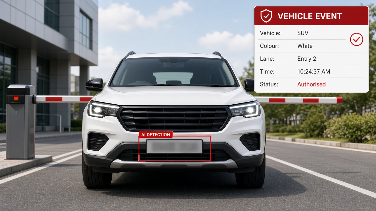 White SUV at a boom barrier entry lane with an AI detection box on its blurred number plate and a vehicle event card showing type, colour, lane, time and authorised status