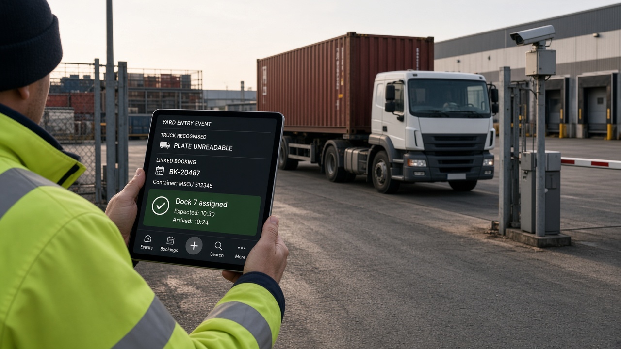 Yard supervisor holding a tablet showing a truck's recognised entry event linked to a booking with dock 7 assigned, as a container truck passes an ANPR camera at the yard gate