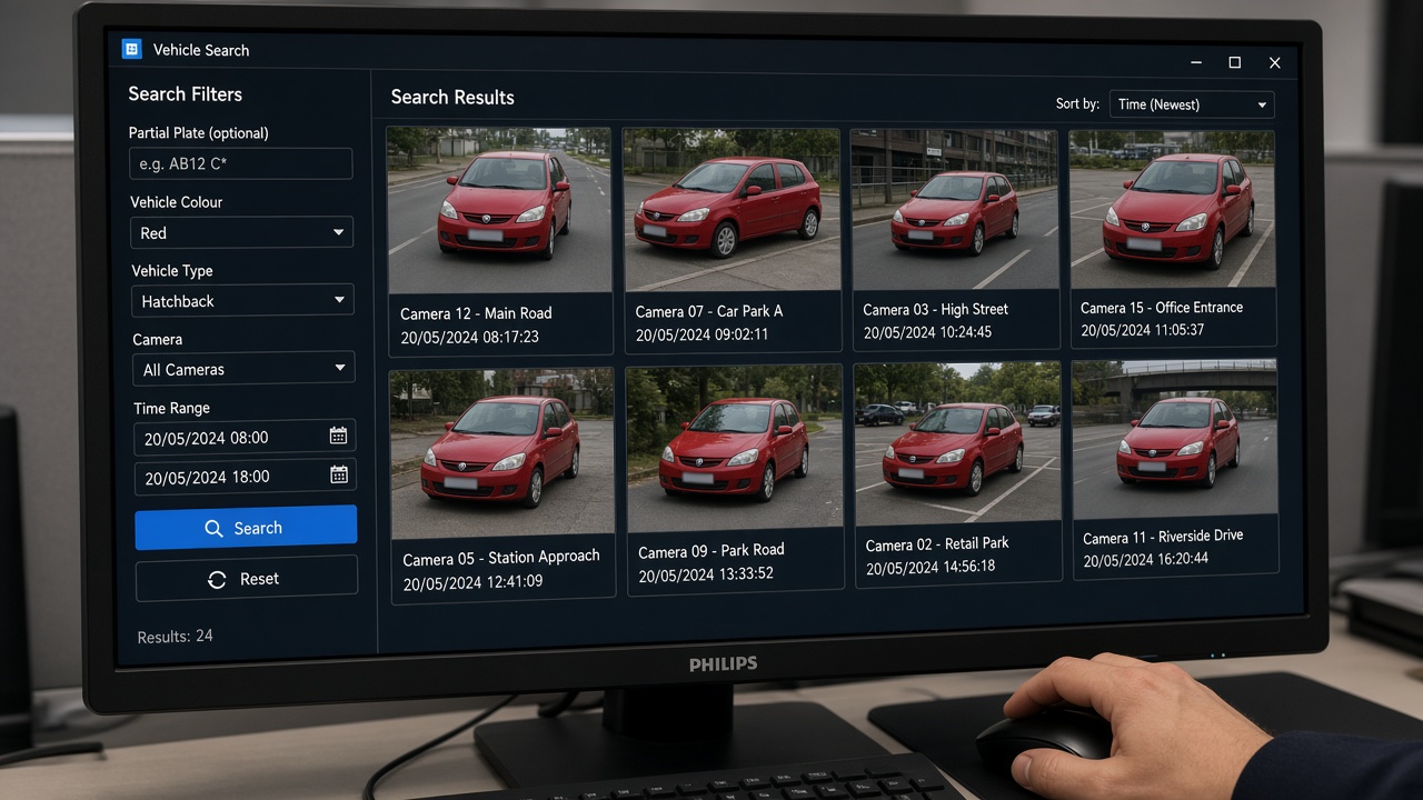 Vehicle search screen with filters for partial plate, colour, vehicle type, camera and time range, and a grid of red hatchback results captured at different cameras