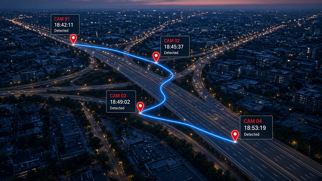 Aerial twilight view of a city road network with a glowing route connecting four camera points, each showing a camera ID and detection time