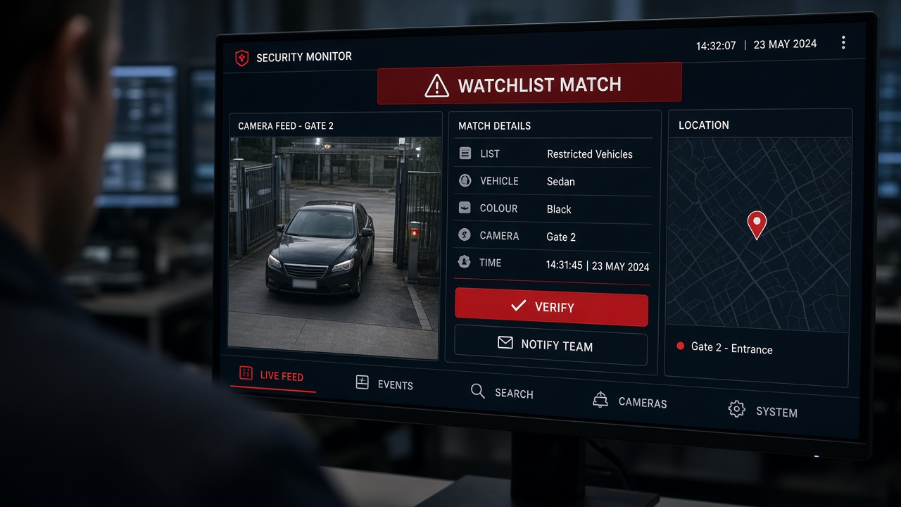 Security monitor showing a watchlist match alert for a black sedan at Gate 2 with vehicle details, a location map and buttons to verify and notify the team