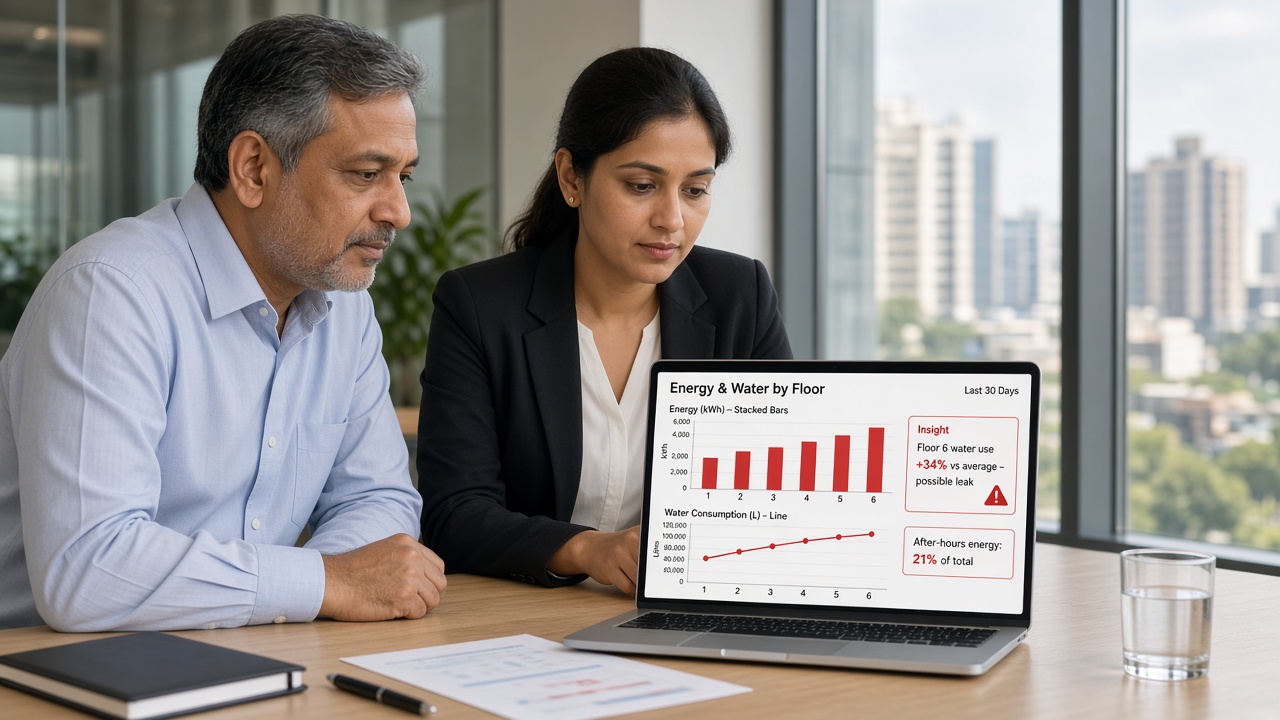 Facility head and sustainability officer reviewing a laptop showing energy by floor, water consumption by floor, an insight that one floor uses much more water than average and a possible leak, and the share of after-hours energy