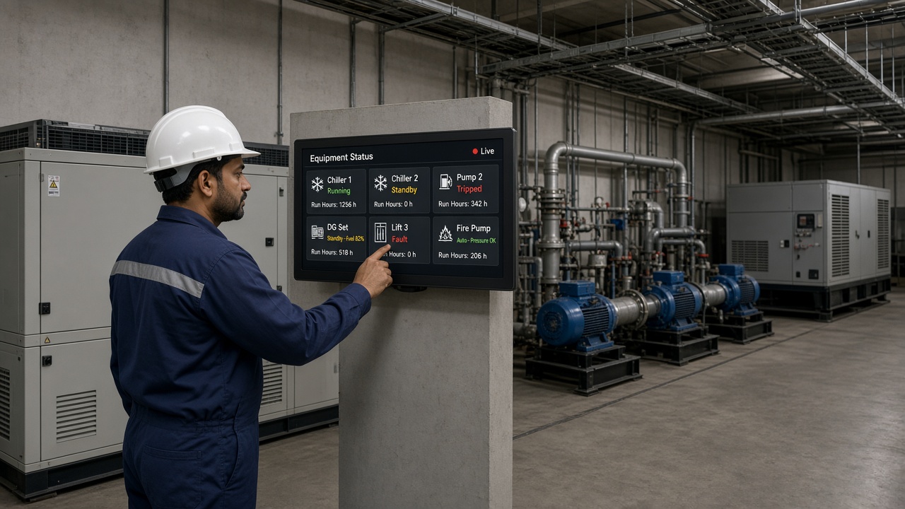 Technician in a basement plant room with chillers, pumps and a generator, pointing at a wall touchscreen showing equipment status tiles for chillers, a tripped pump, a DG set on standby, a lift fault and the fire pump, with run hours