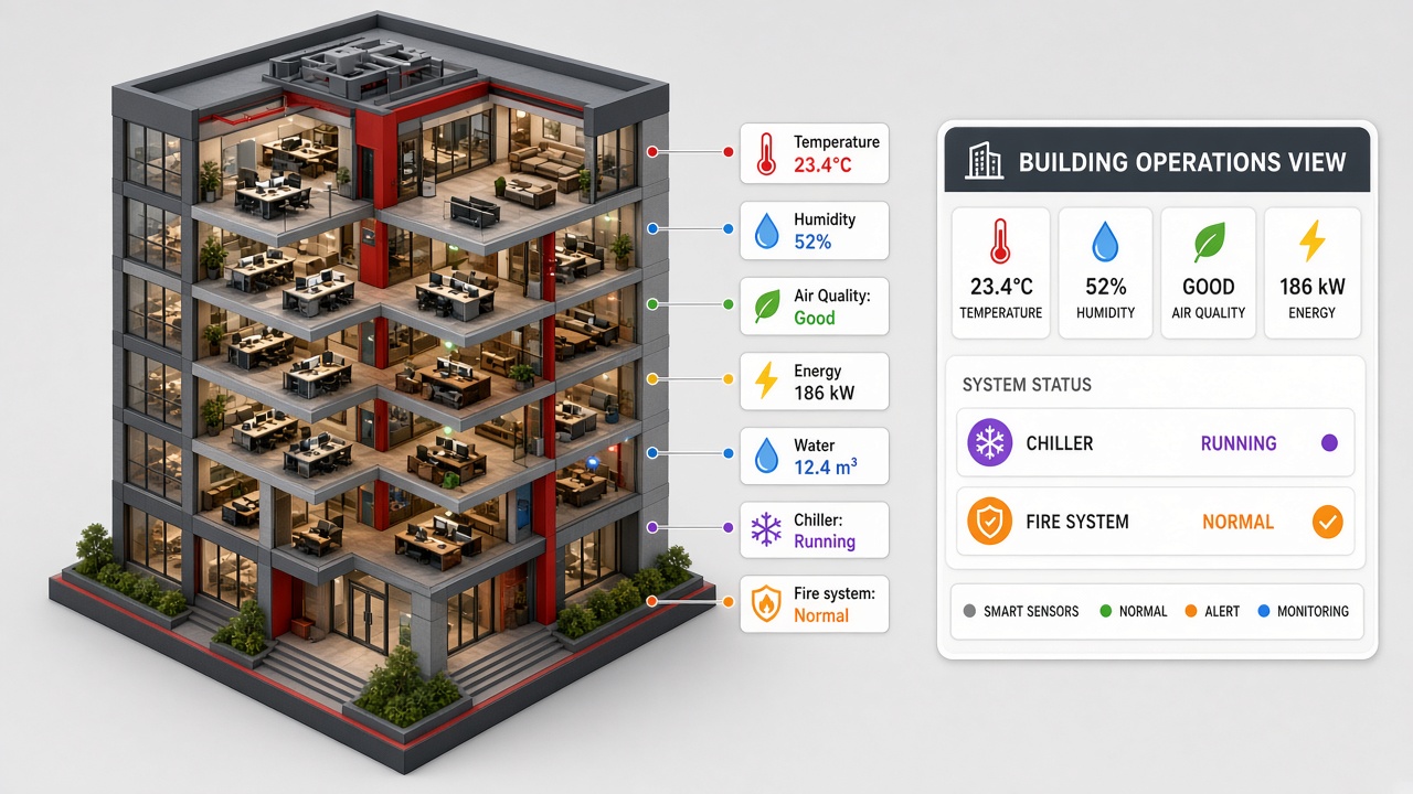Isometric cutaway of a multi-storey office building with sensor points on every floor and data tags for temperature, humidity, air quality, energy, water, chiller and fire system status beside a unified building operations view dashboard