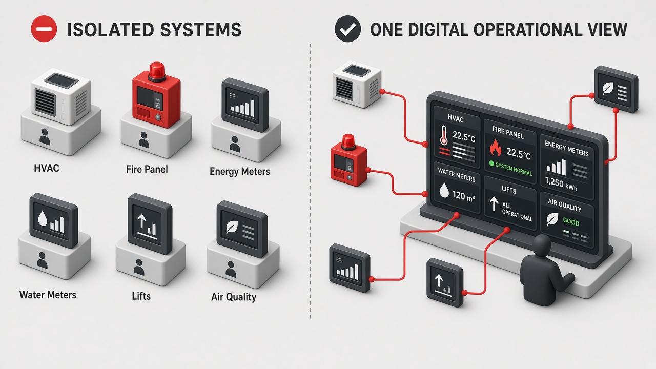 Isometric before and after: on the left, HVAC, fire panel, energy meters, water meters, lifts and air quality as isolated boxes each with its own person; on the right, the same systems connected into one digital operational view watched by one operator