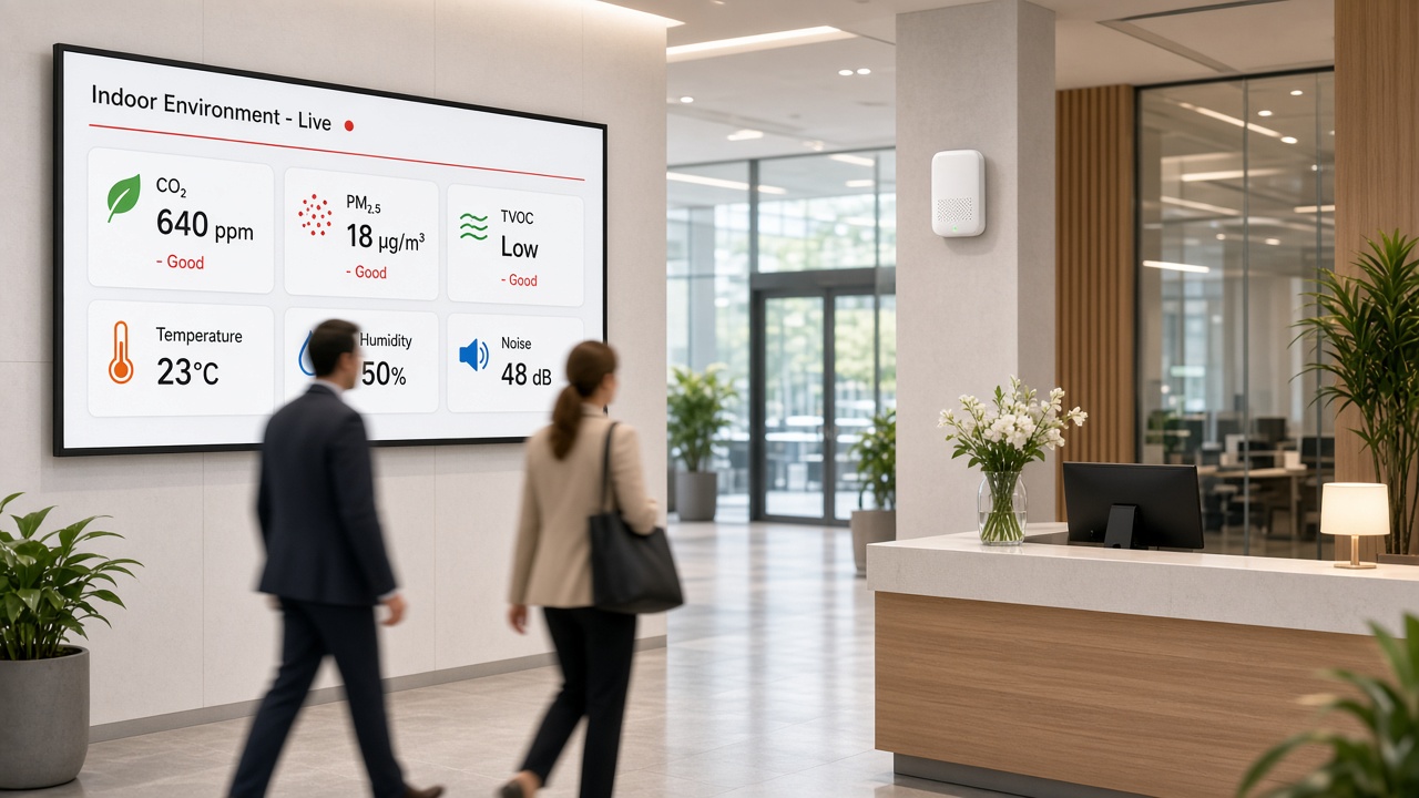 Office lobby with a wall display showing live indoor environment readings for CO2, PM2.5, TVOC, temperature, humidity and noise, with visitors walking past and a sensor on a pillar