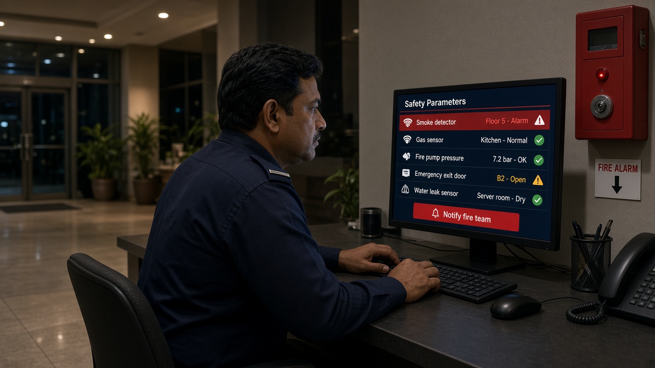 Security supervisor at a lobby desk at night watching a safety parameters screen with a smoke detector alarm on one floor, normal gas sensor, fire pump pressure OK, an open emergency exit door and a dry water leak sensor, with a notify fire team button