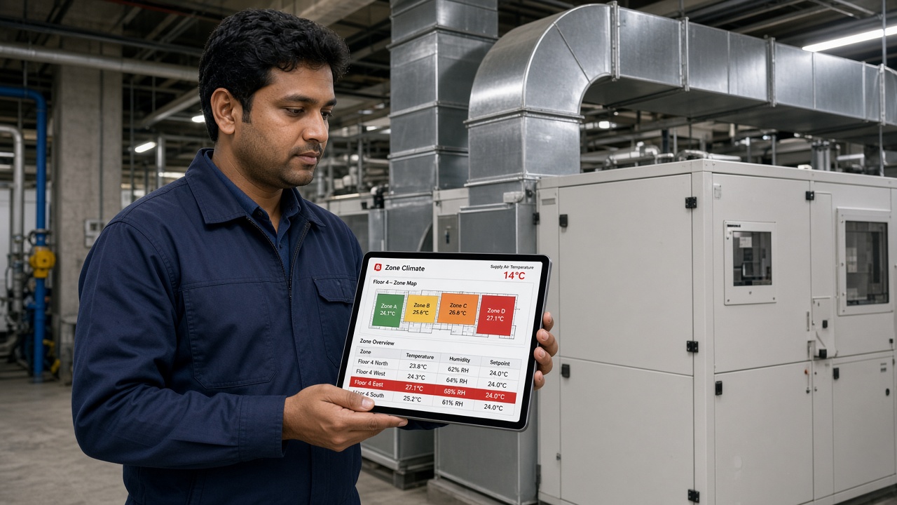 HVAC engineer beside an air handling unit in a plant room holding a tablet with a floor zone map coloured by temperature, a zone table of temperature, humidity and setpoint with one east zone highlighted and the supply air temperature