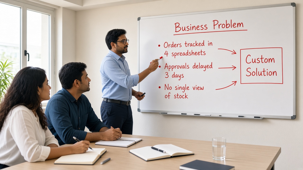 Consultant at a whiteboard titled Business Problem listing orders tracked in four spreadsheets, approvals delayed three days and no single view of stock, with arrows to a box labelled Custom Solution