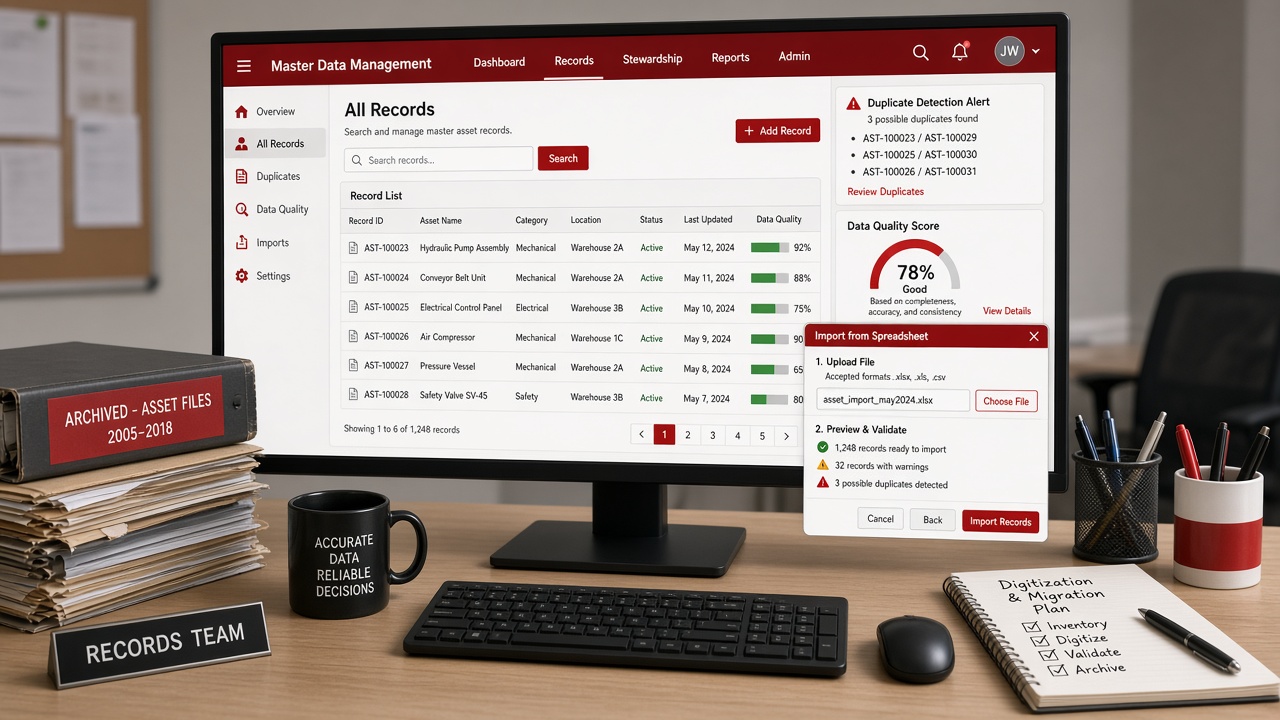 Master data management screen with a searchable asset record list, duplicate detection alert, data quality score and spreadsheet import dialog, beside archived paper asset files