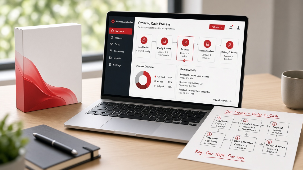 Plain boxed off-the-shelf software pushed aside while a laptop shows a tailored business application built around the organization's own order-to-cash process, next to a hand-drawn sketch of the same process