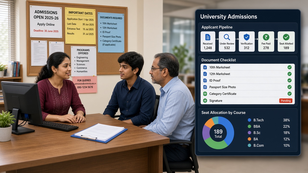 Admissions officer at her desk talking with a student and parent, beside a custom admissions dashboard showing the applicant pipeline stages, a document checklist and seat allocation by course