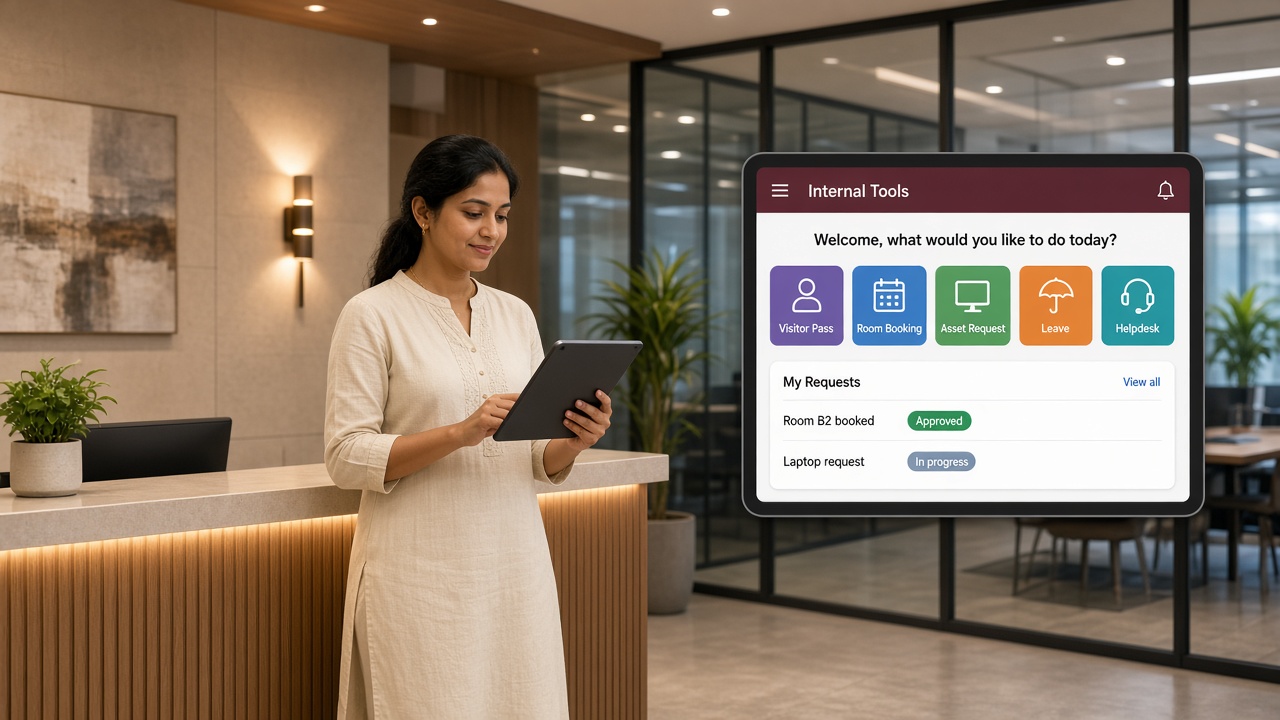 Office administrator in a lobby using a tablet, beside an internal tools app screen offering visitor pass, room booking, asset request, leave and helpdesk with a list of her requests