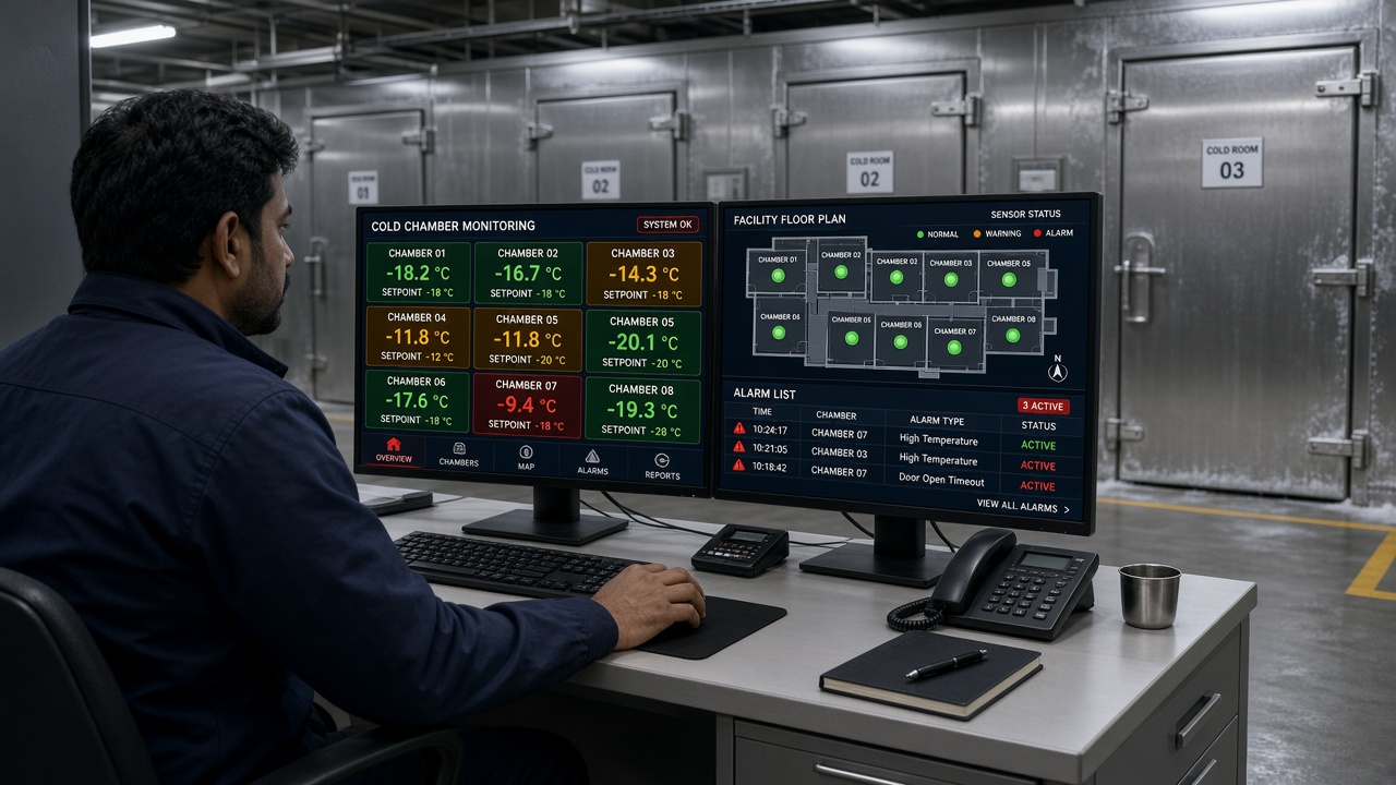 Technician at a cold-storage control desk watching a custom monitoring system with chamber temperature tiles, a facility floor plan with sensor status and an active alarm list