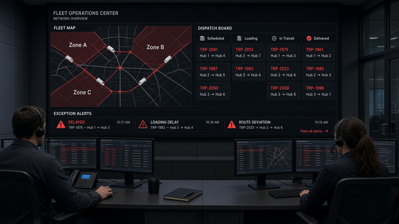 Dispatchers with headsets in front of a wall display showing a custom fleet operations platform with a zone map, a dispatch board from scheduled to delivered and exception alerts